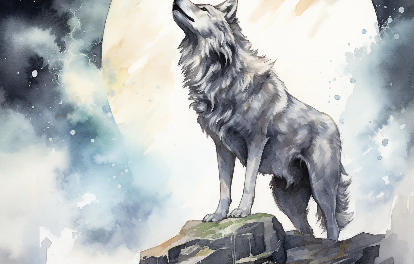 Photo wallpaper night, rocks, the moon, wolf, art, digital art, imitation painting, AI art