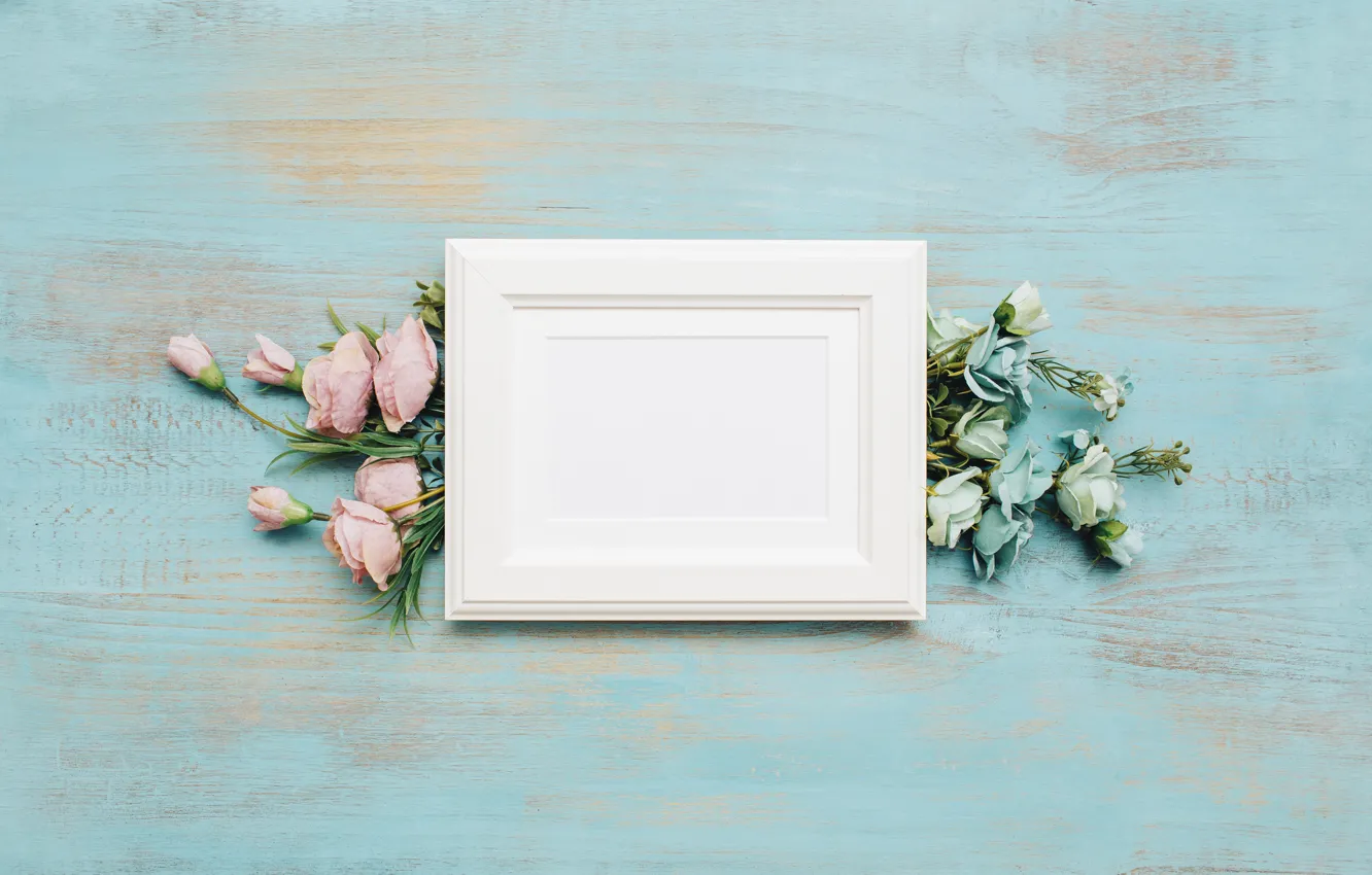 Photo wallpaper flowers, background, blue, frame, flower, wood, decor, bouquets