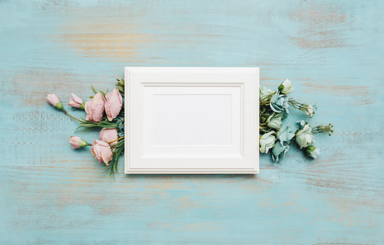 Photo wallpaper flowers, background, blue, bouquet, frame, flower, wood, decor