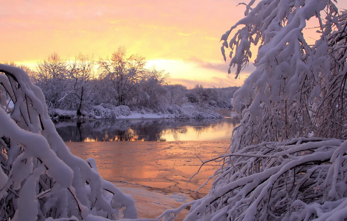 Photo wallpaper winter, snow, sunset, river