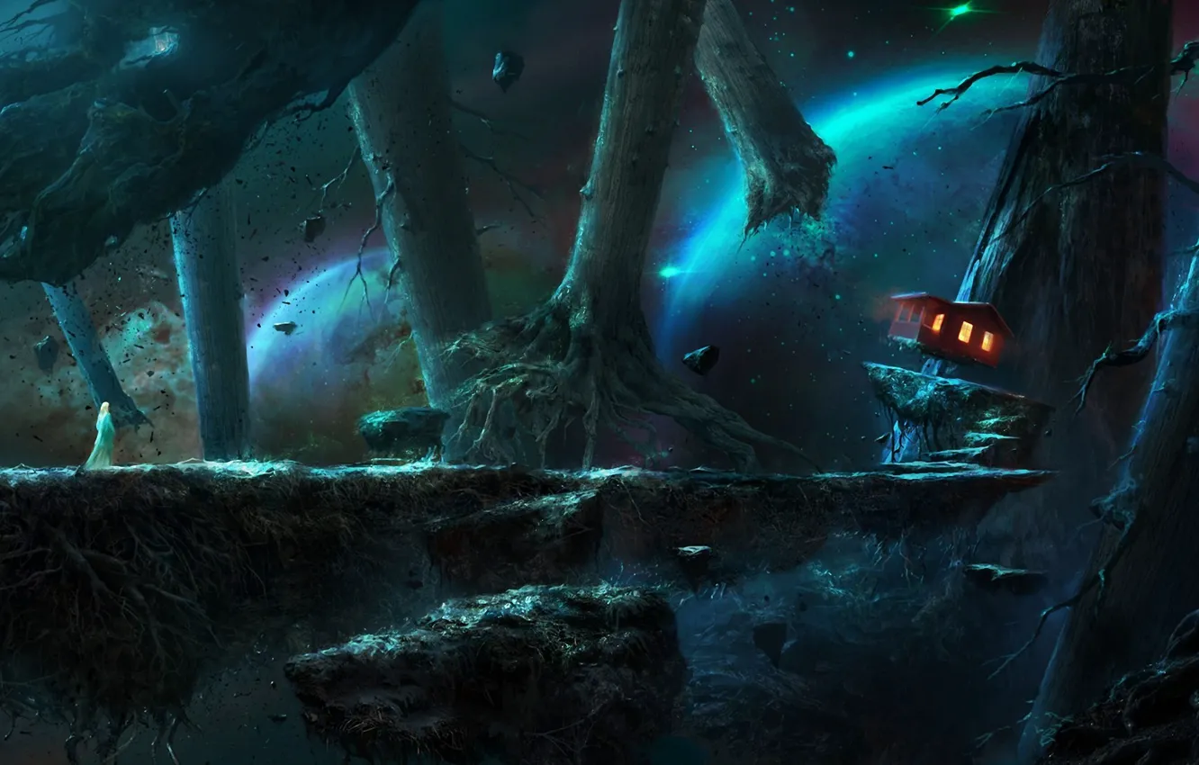 Photo wallpaper the wreckage, girl, space, trees, roots, stones, planet, home