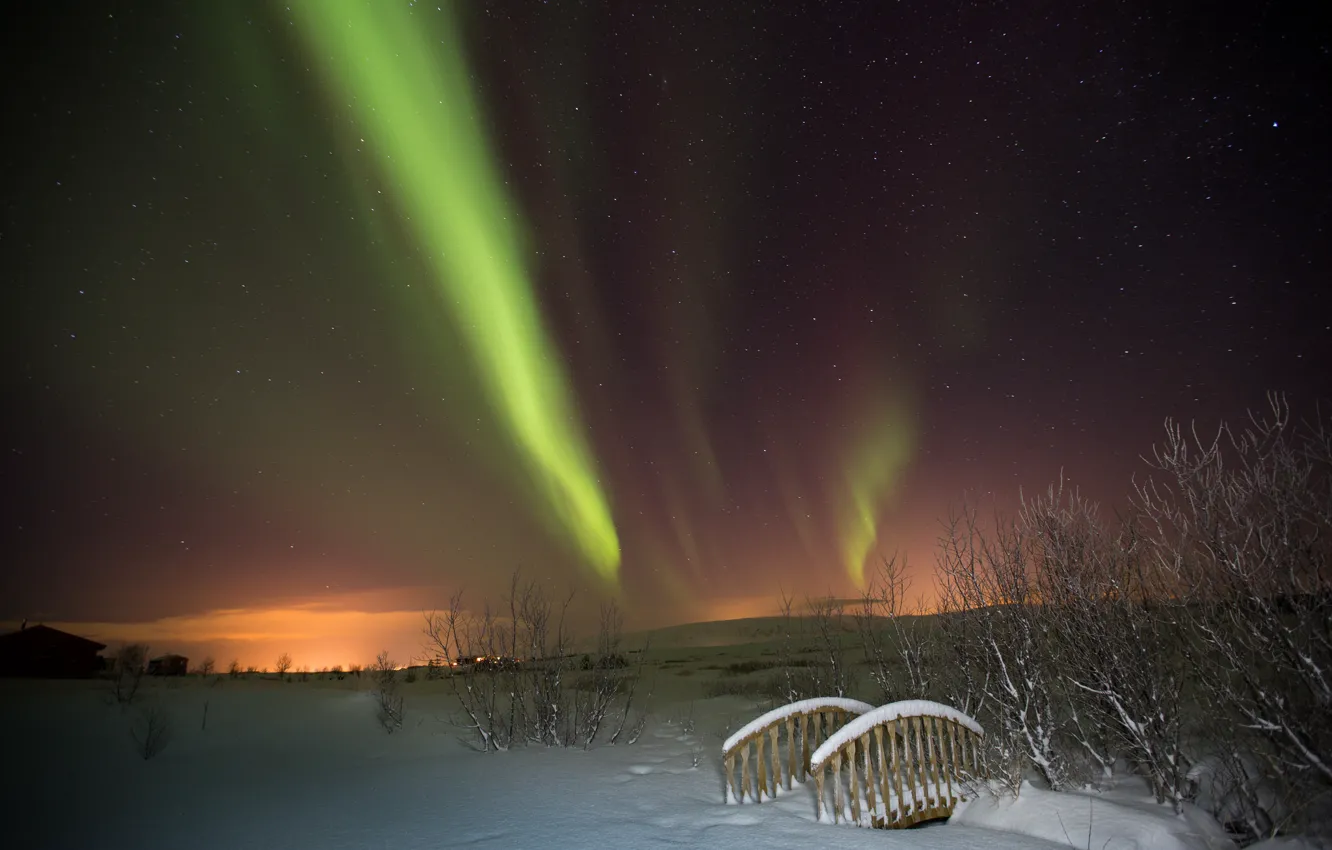 Photo wallpaper winter, stars, night, Northern lights, the bridge, Aurora Borealis