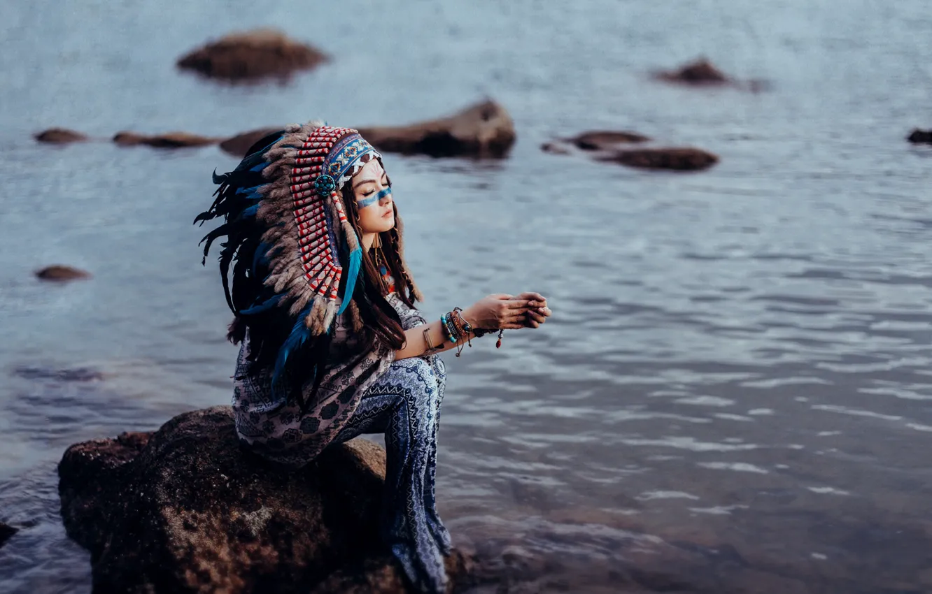 Photo wallpaper water, girl, face, style, feathers, sitting, headdress