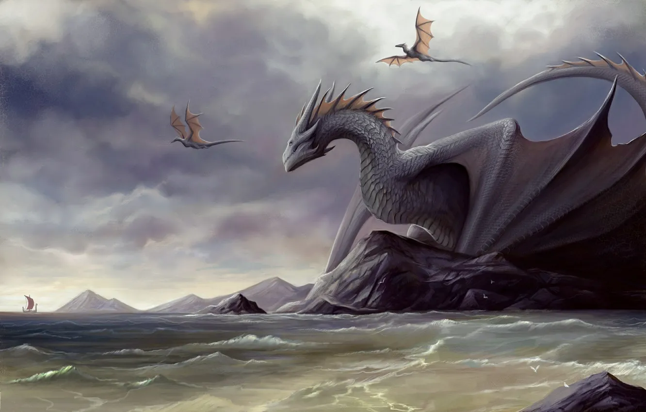 Photo wallpaper sea, shore, dragon, ship, monster, being, horns
