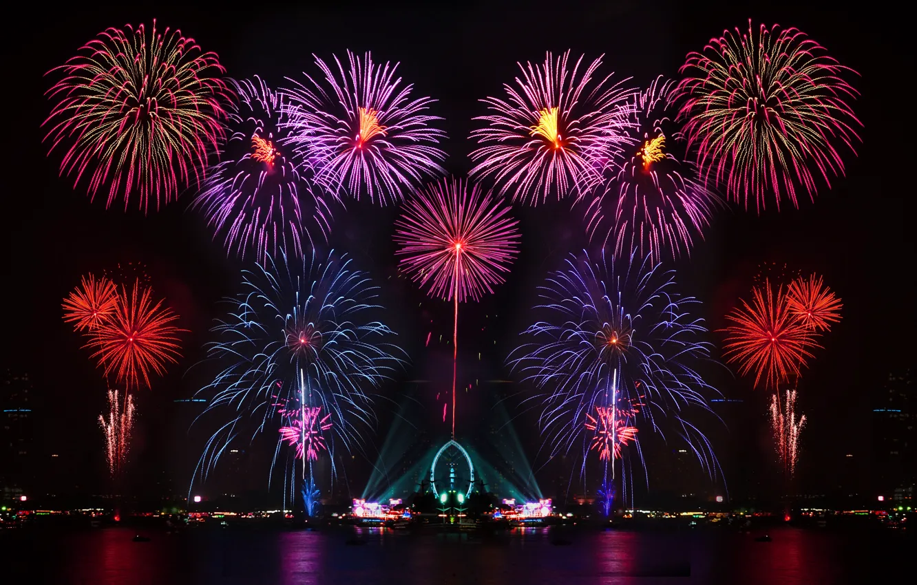 Photo wallpaper night, city, lights, lights, salute, colorful, water, night