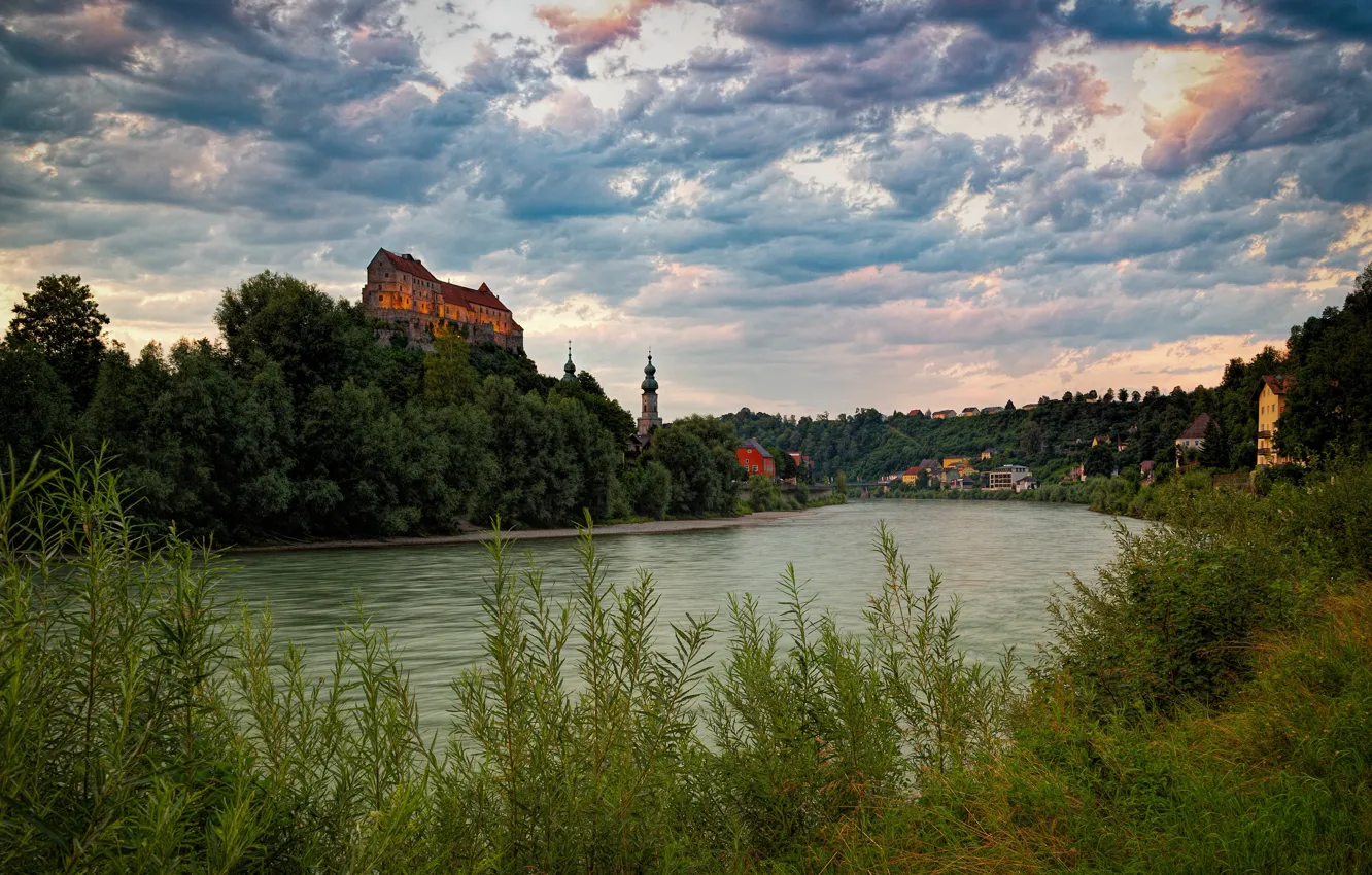 Photo wallpaper the sky, grass, clouds, river, castle, hills, shore, dal