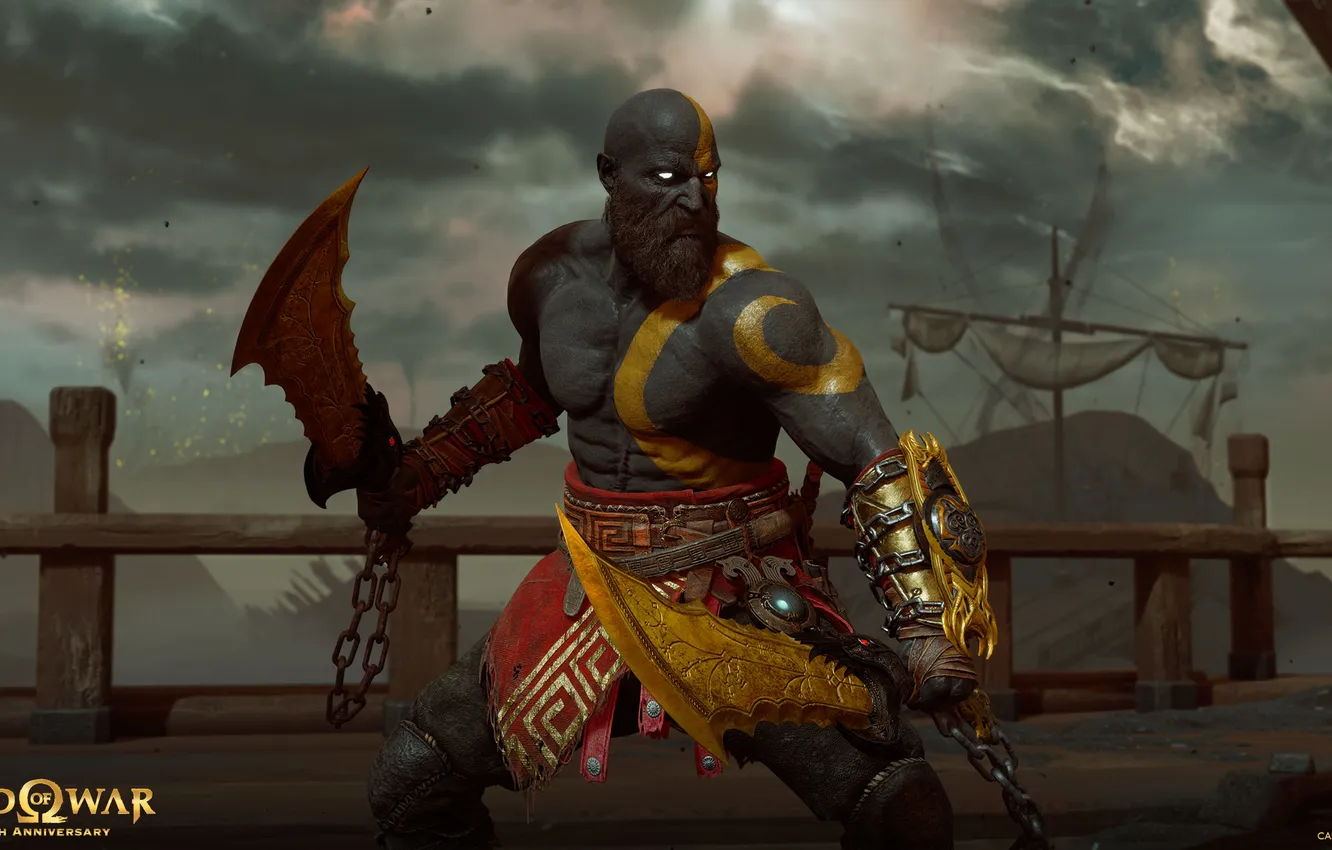Photo wallpaper god of war, weapon, kratos, sony, snow, blow, man, blade