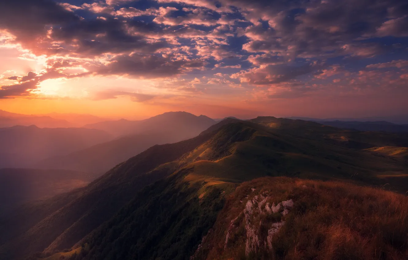Photo wallpaper the sky, the sun, clouds, light, sunset, mountains, fog, rocks