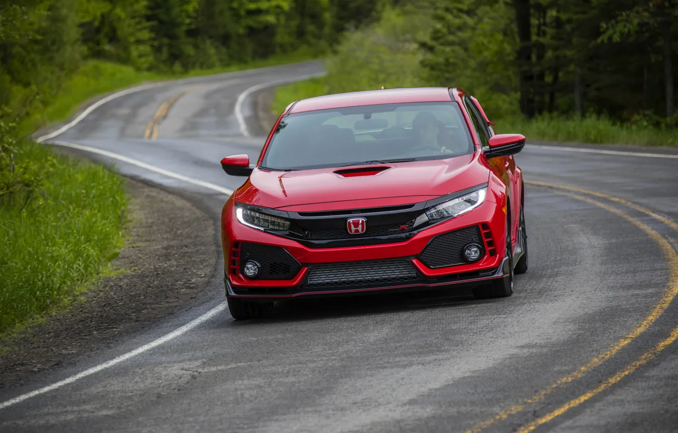 Photo wallpaper road, red, Honda, front view, hatchback, the five-door, 2019, Civic Type R