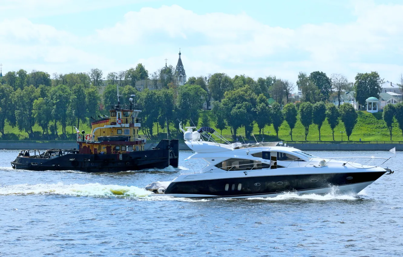 Photo wallpaper river, shore, yacht, On The Go, The pusher