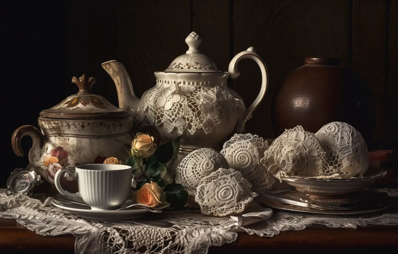 Photo wallpaper flowers, table, tea, roses, Cup, dishes, still life, lace