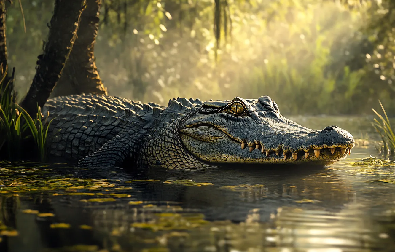 Photo wallpaper forest, look, face, light, branches, crocodile, pond, alligator