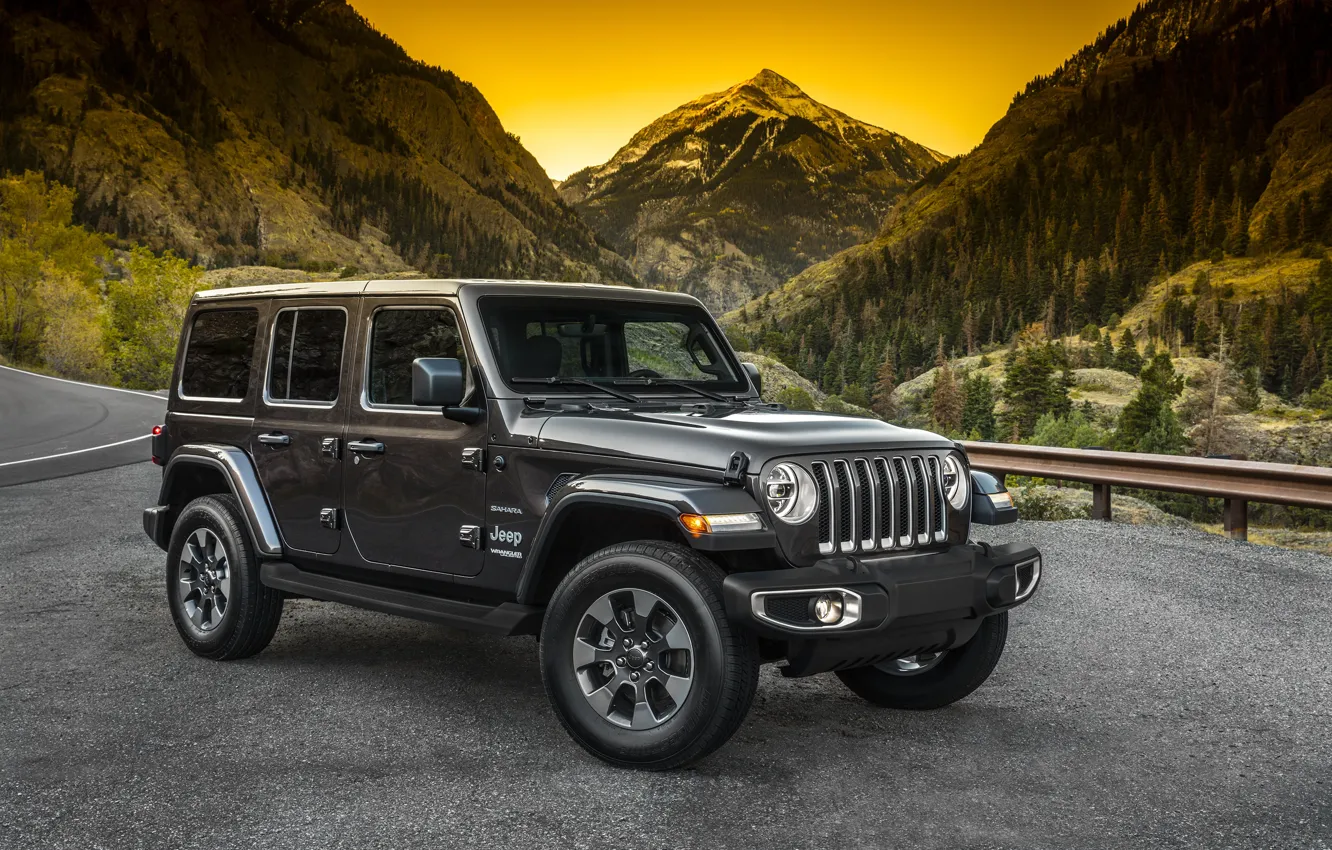 Photo wallpaper road, forest, mountains, the fence, 2018, Jeep, dark gray, Wrangler Sahara