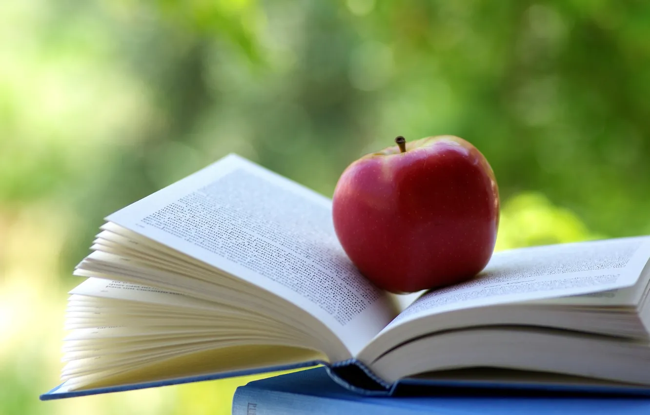 Photo wallpaper Apple, book, fruit, reading, the subject