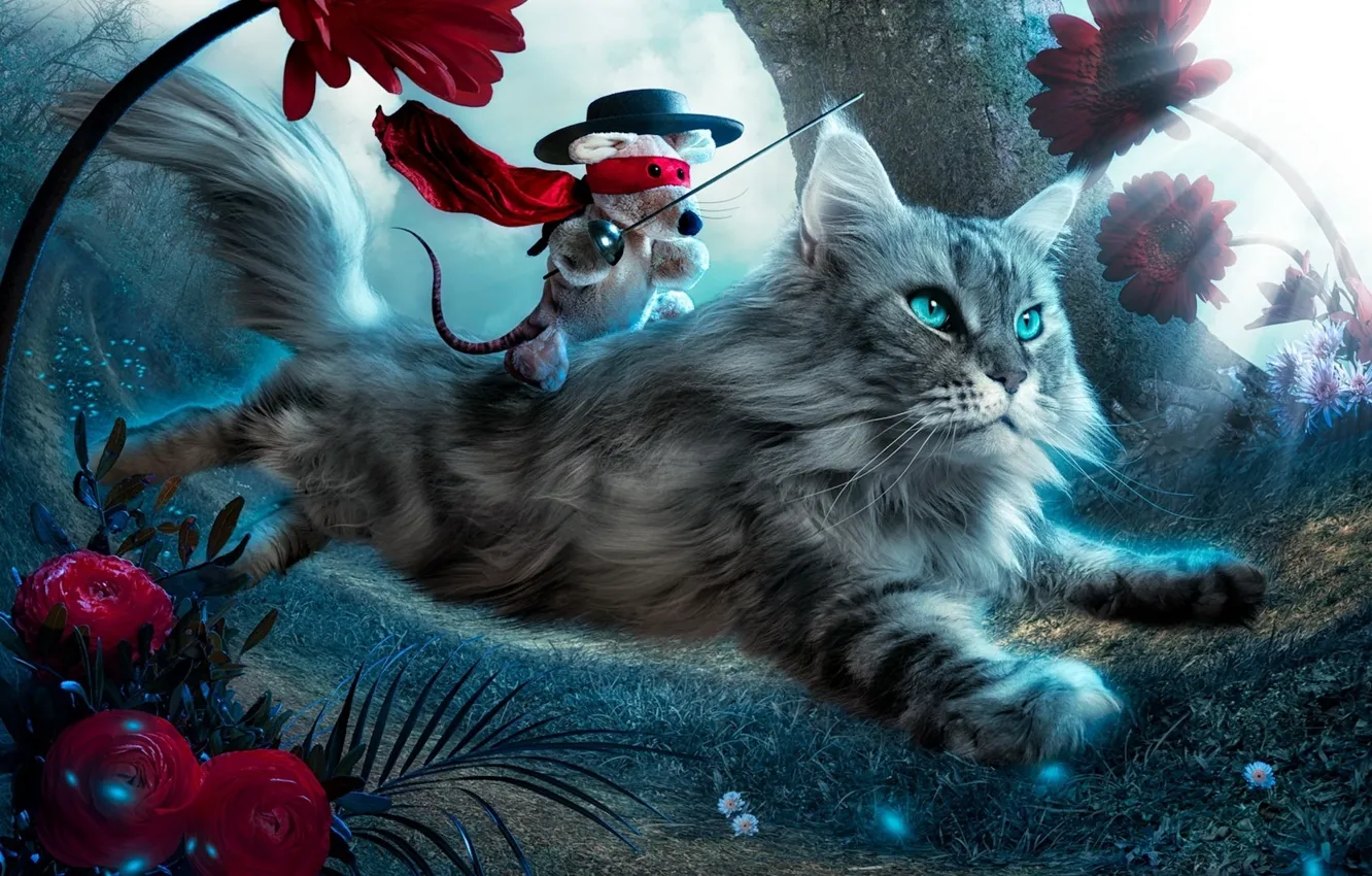 Photo wallpaper cat, flowers, kitty, fantasy, toy, fly