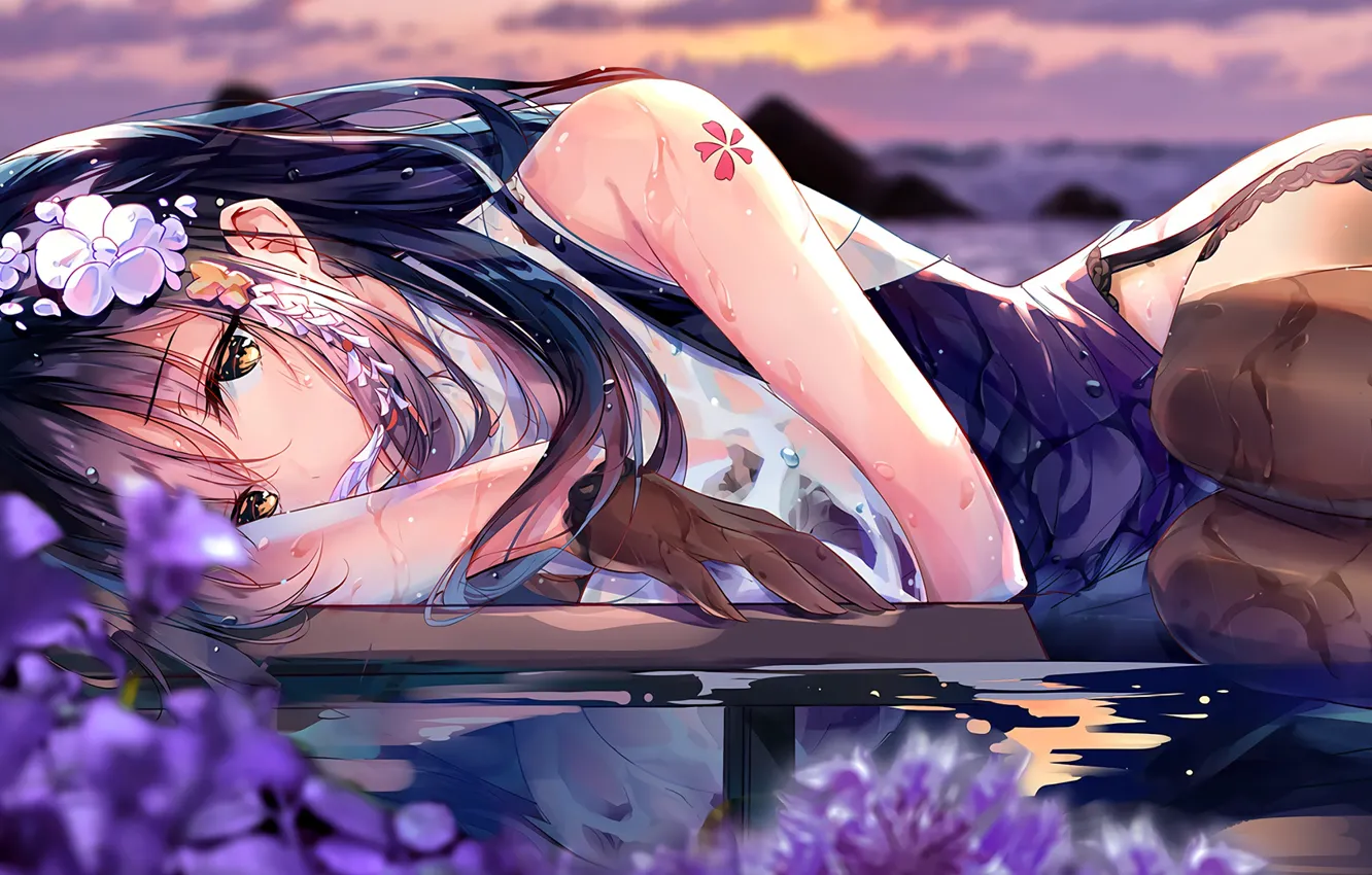 Photo wallpaper glove, long hair, in the water, sad, yellow eyes, wet girl, lying on his side, …