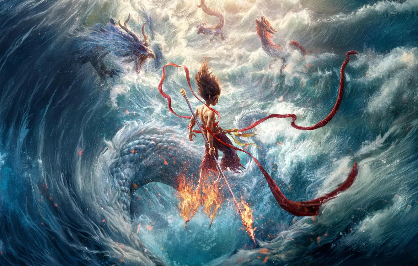 Photo wallpaper fire, fantasy, sea, ocean, man, dragon, battle, artwork