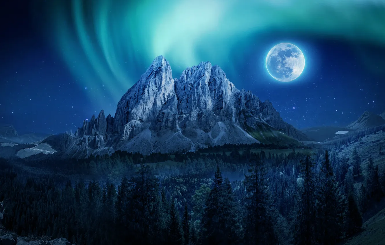 Photo wallpaper stars, trees, night, the moon, beauty, Northern lights, space, moon
