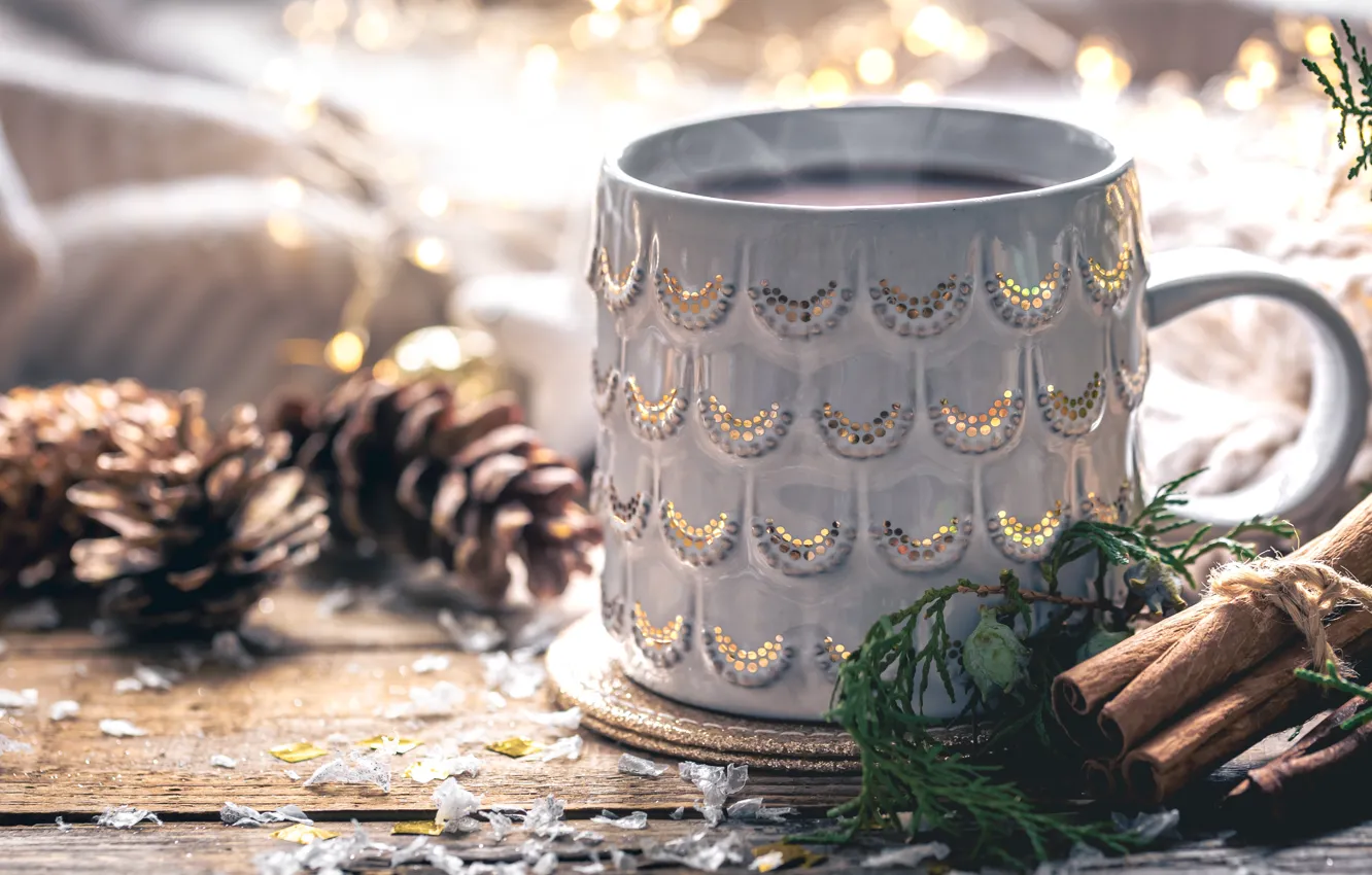 Photo wallpaper garland, mug, holiday, composition, new year decorations, Christmas decorations, branches, cinnamon