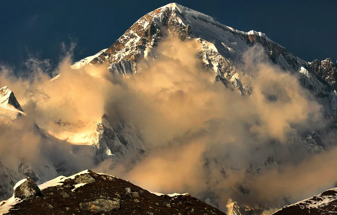 Photo wallpaper the sky, clouds, light, snow, landscape, mountains, nature, fog