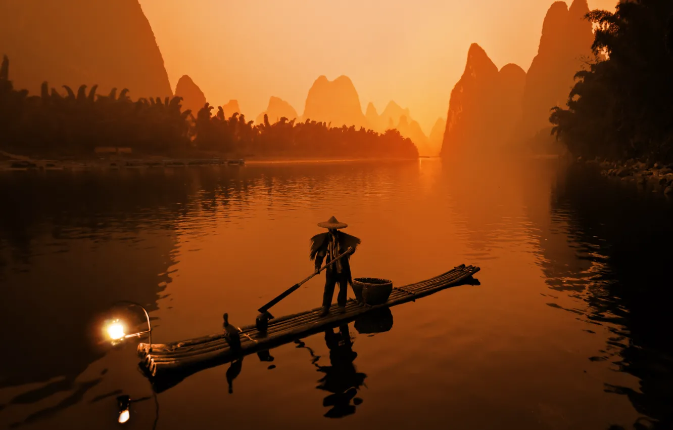 Photo wallpaper fisherman, River, the raft