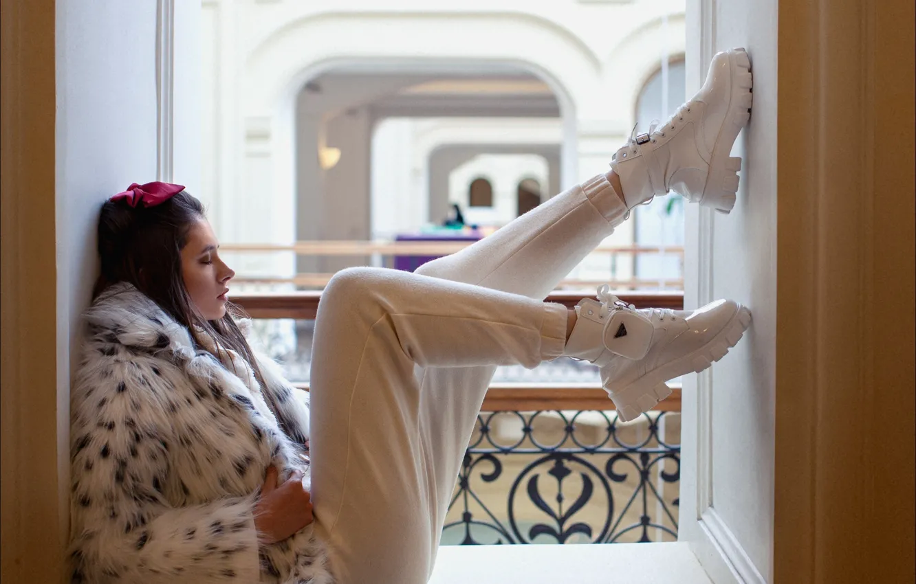 Photo wallpaper girl, pose, feet, coat, bow, closed eyes, Disha Shemetova, Ankle boots