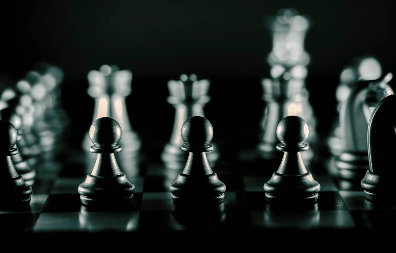 Photo wallpaper light, chess, black background, silhouettes, chess Board, bokeh, blurred background, chess pieces