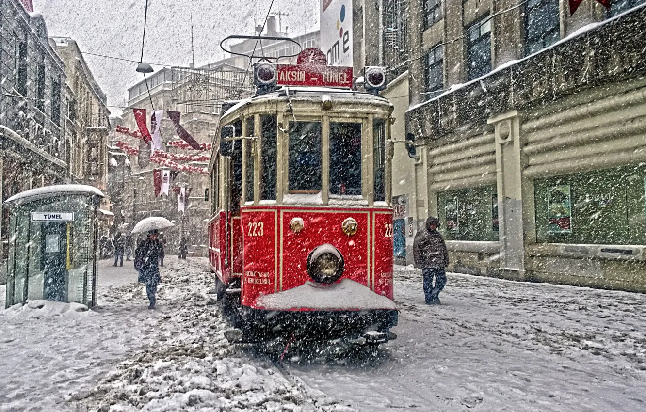 Photo wallpaper city, snowfall, Tramcar