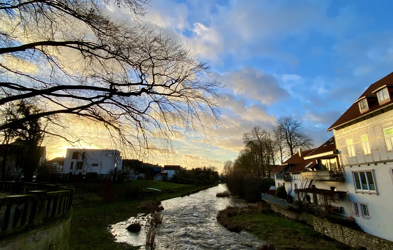 Photo wallpaper city, river, sky, trees, clouds, houses, Sun Goes Down, Photography By Tom