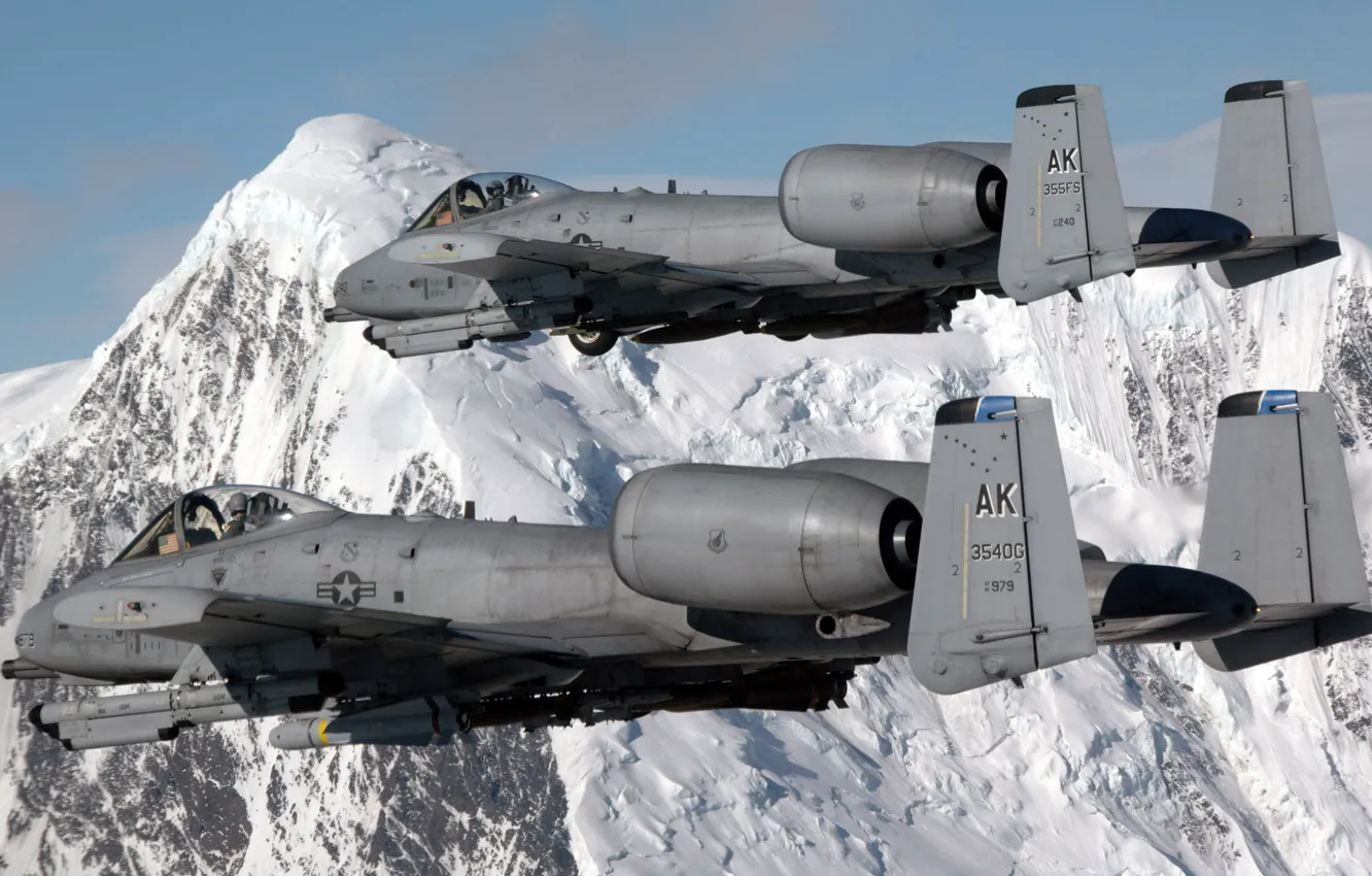 Photo wallpaper flight, mountains, pair, attack, A-10, Thunderbolt II
