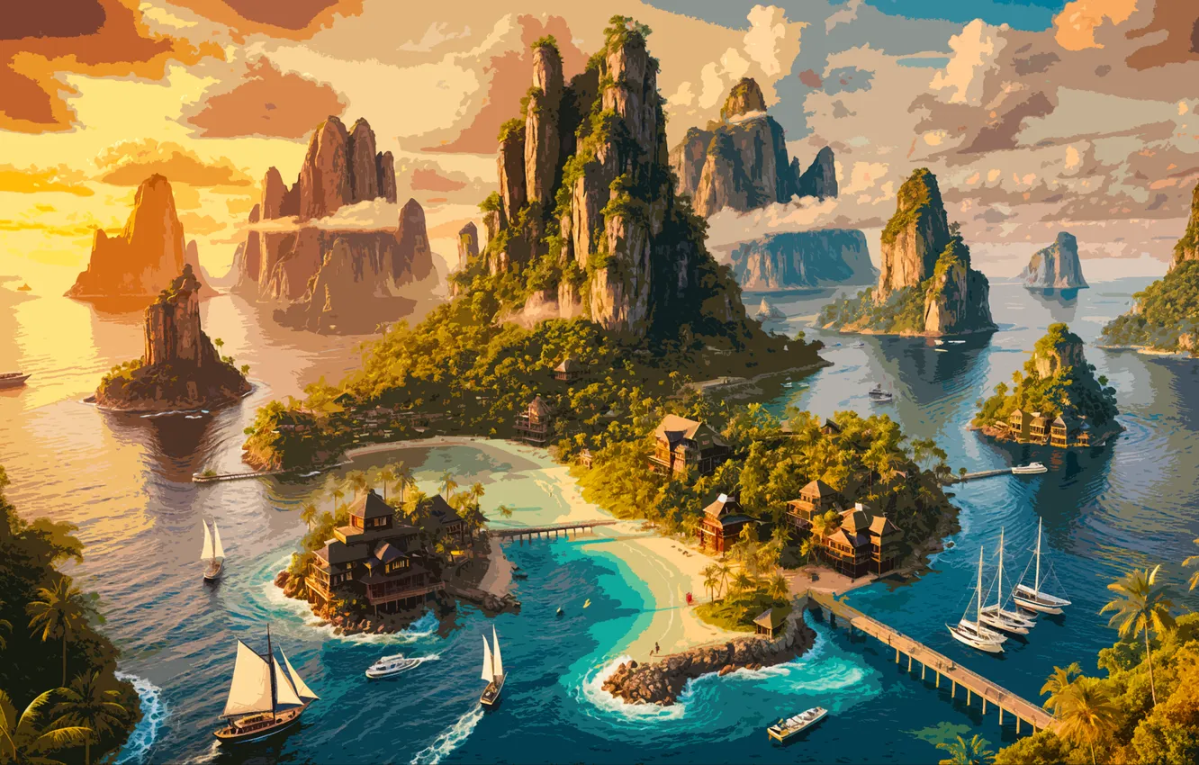 Photo wallpaper sea, sunset, art, boats, yachts, vacation, islands, cliffs