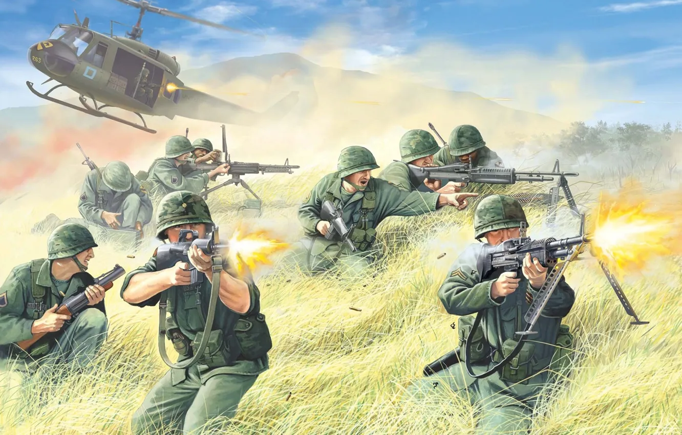 Photo wallpaper weapons, figure, shot, art, soldiers, helicopter, rifle, equipment