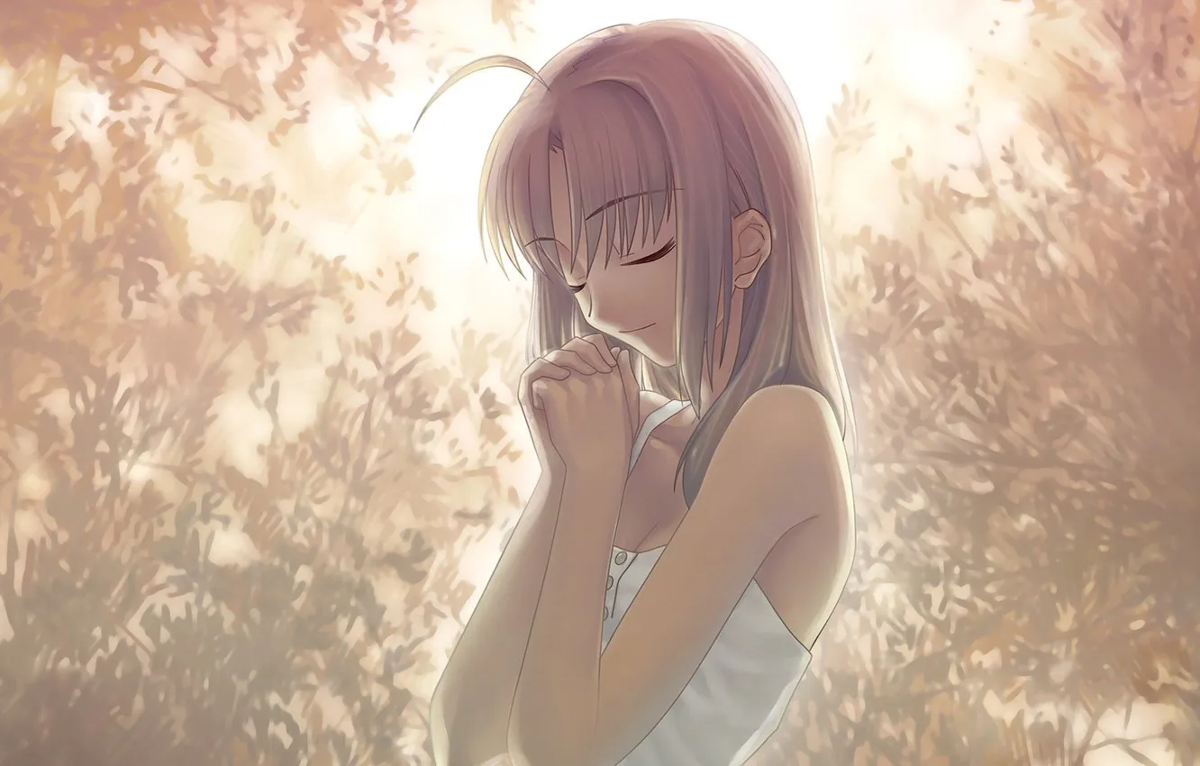 Photo wallpaper summer, foliage, anime, morning, garden, girl