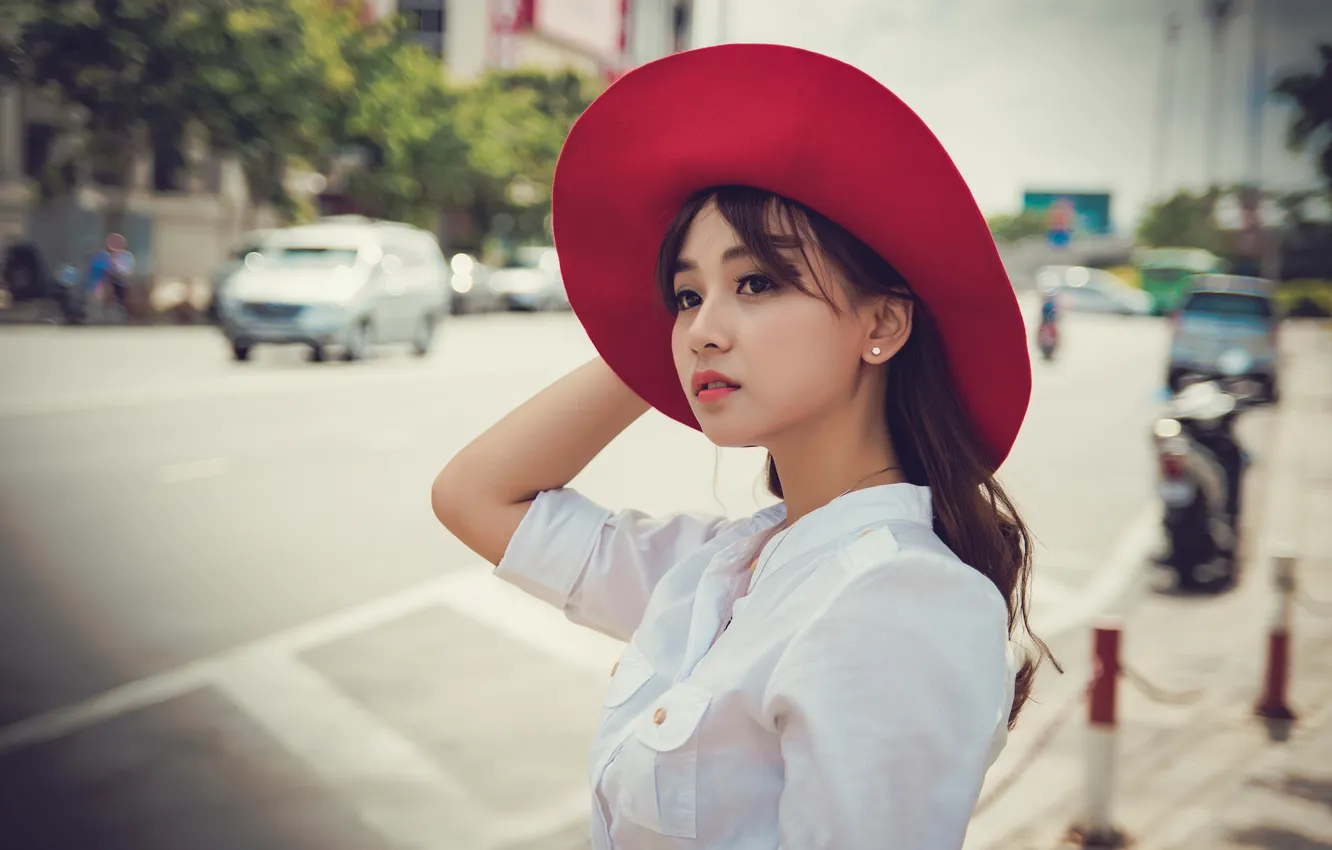 Photo wallpaper girl, Asian, red hat