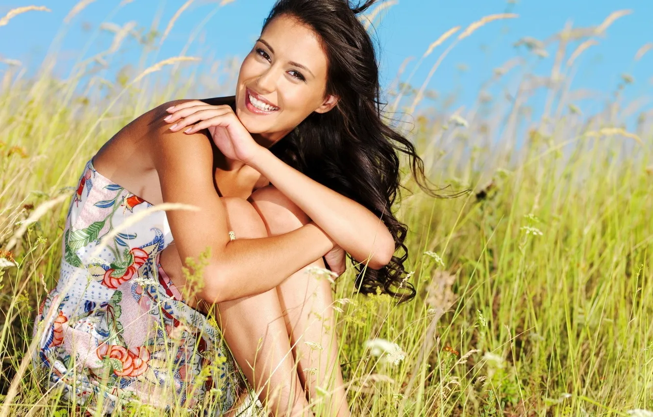 Photo wallpaper field, grass, girl, brunette, sitting