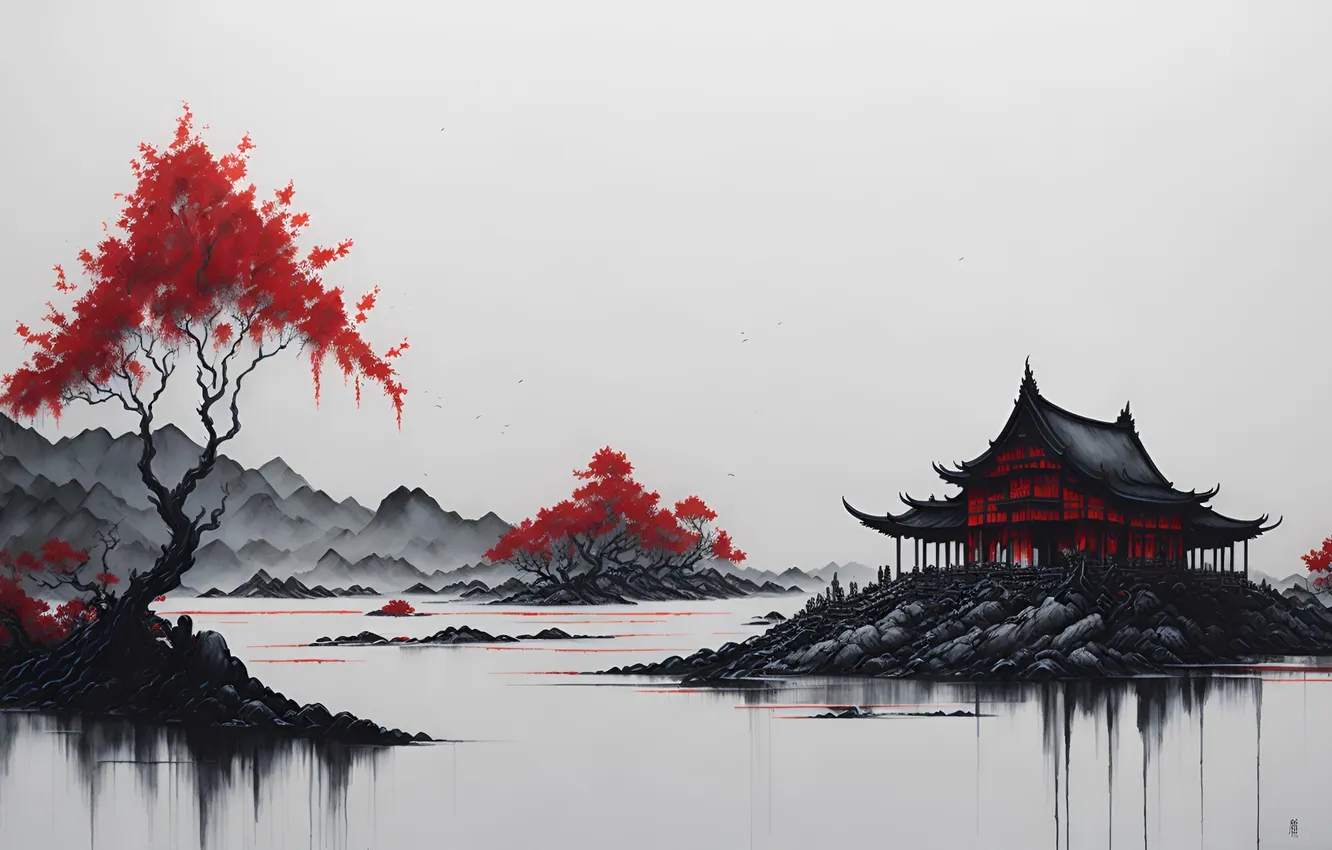 Photo wallpaper Foliage, Pagoda, Oriental, Crimson