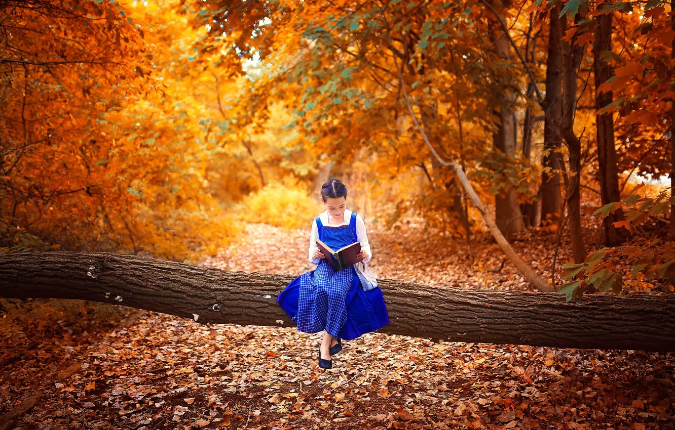 Photo wallpaper autumn, leaves, Park, tree, mood, girl, book