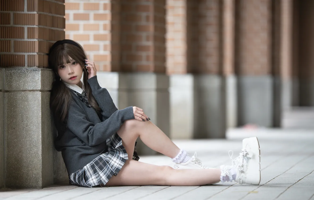 Photo wallpaper girl, skirt, legs, Asian, sitting, sweater, tails