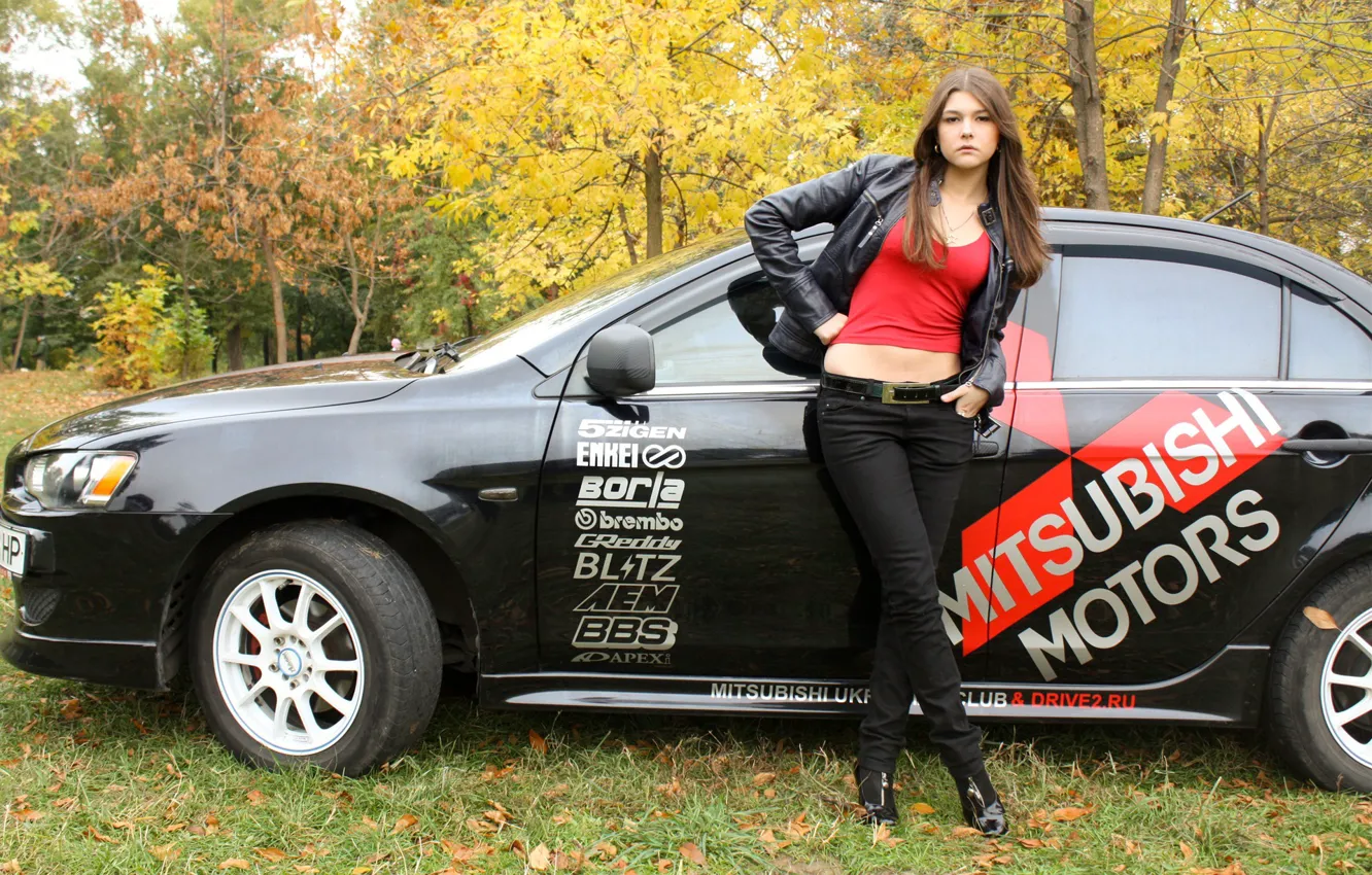Photo wallpaper auto, autumn, look, girl, Mitsubishi