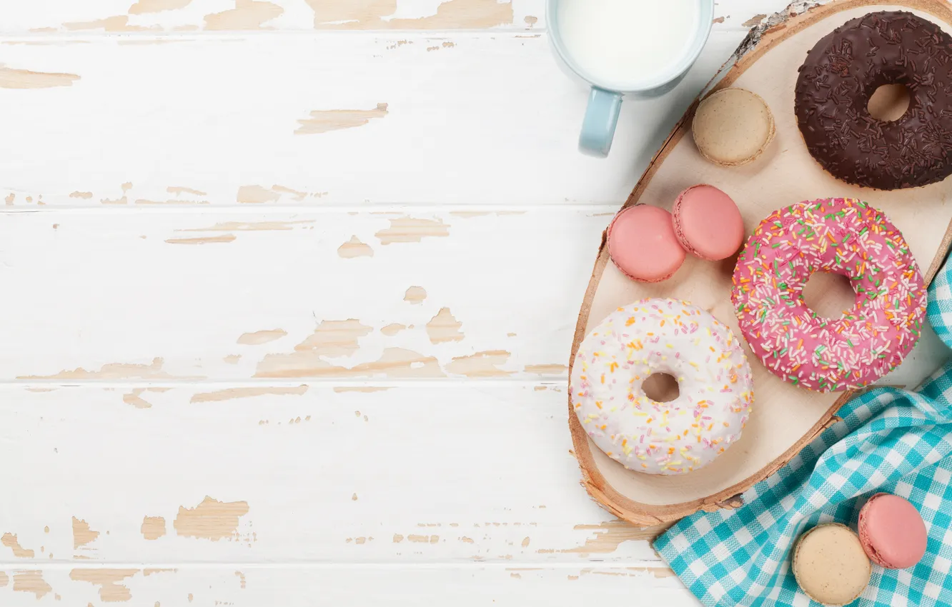 Photo wallpaper Breakfast, donuts, wood, pink, breakfast, milk, macarons, donuts