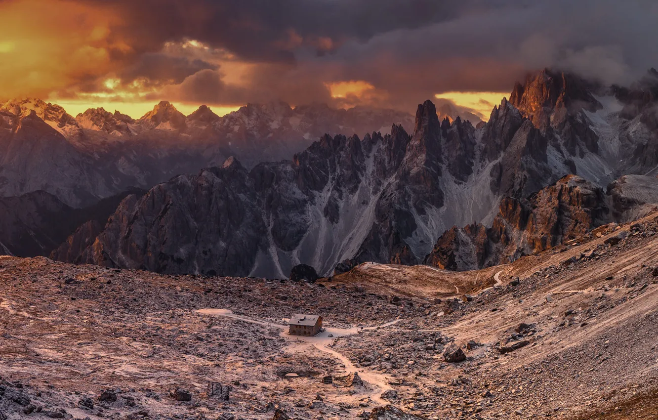 Photo wallpaper sunset, mountains, stones, rocks, tops, height, house, The Dolomites