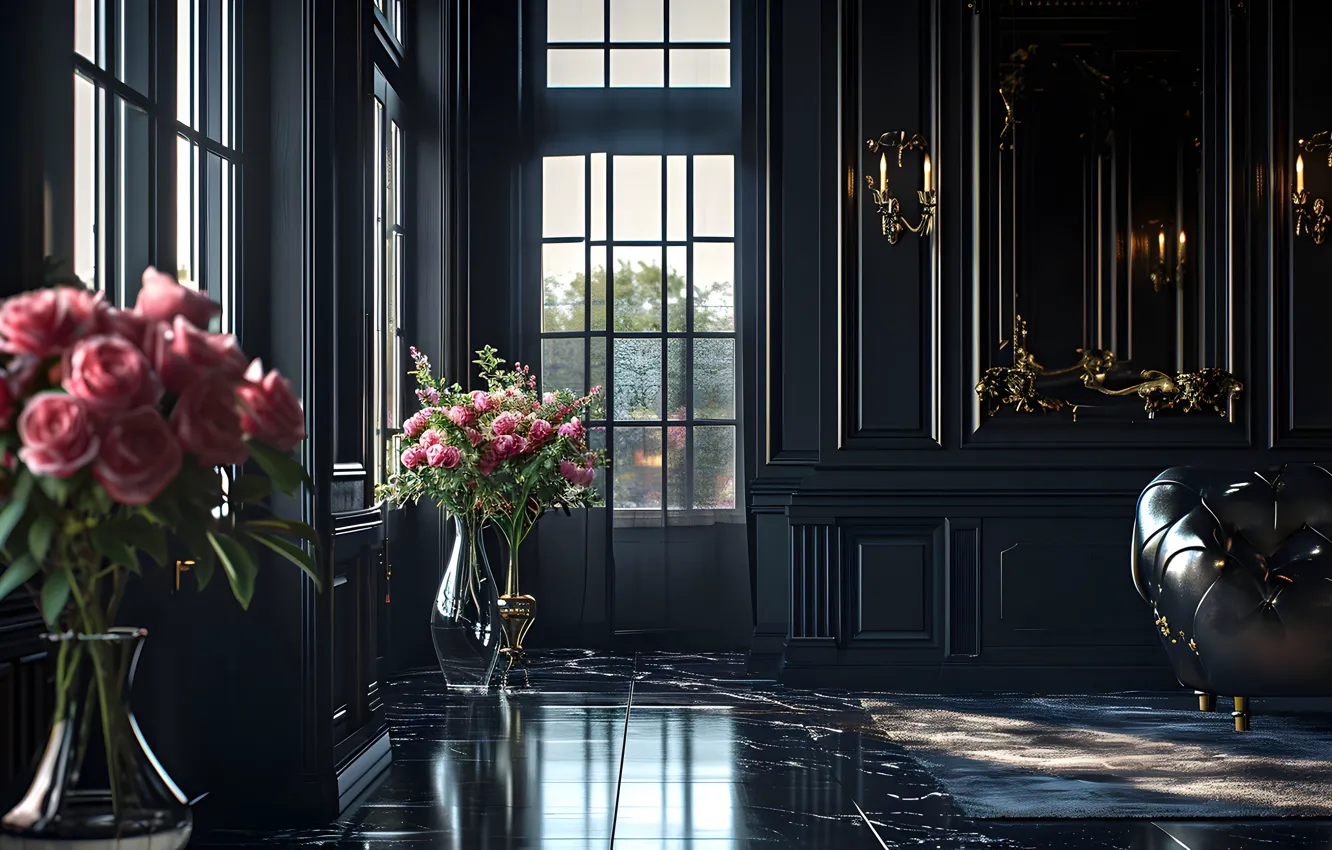 Photo wallpaper flowers, roses, interior, bouquet, AI art, neural network