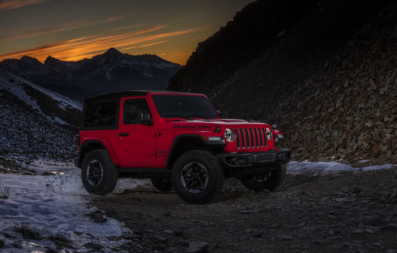 Photo wallpaper snow, sunset, mountains, red, 2018, Jeep, Wrangler Rubicon
