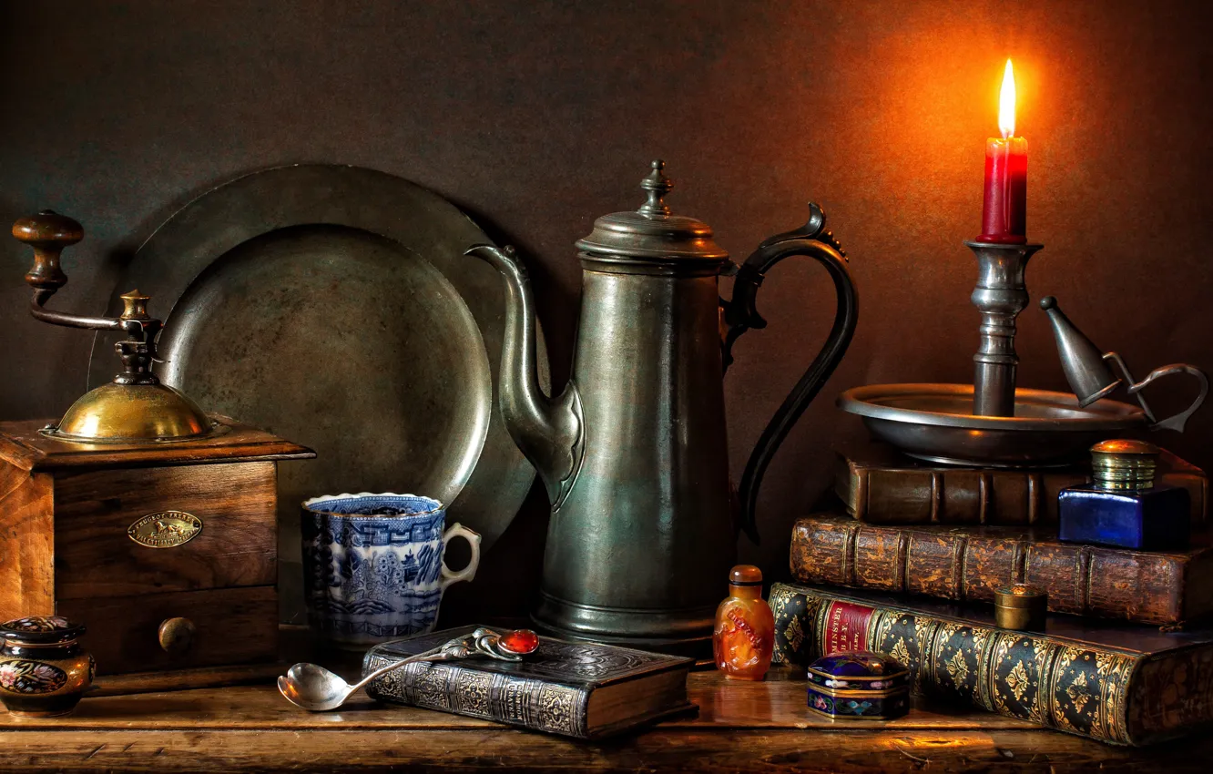 Photo wallpaper style, candles, mug, book, still life, candle holder, dish, coffee grinder