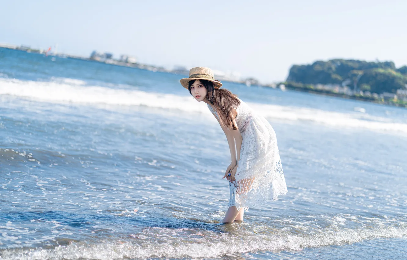 Photo wallpaper sea, look, the sun, landscape, pose, model, portrait, hat