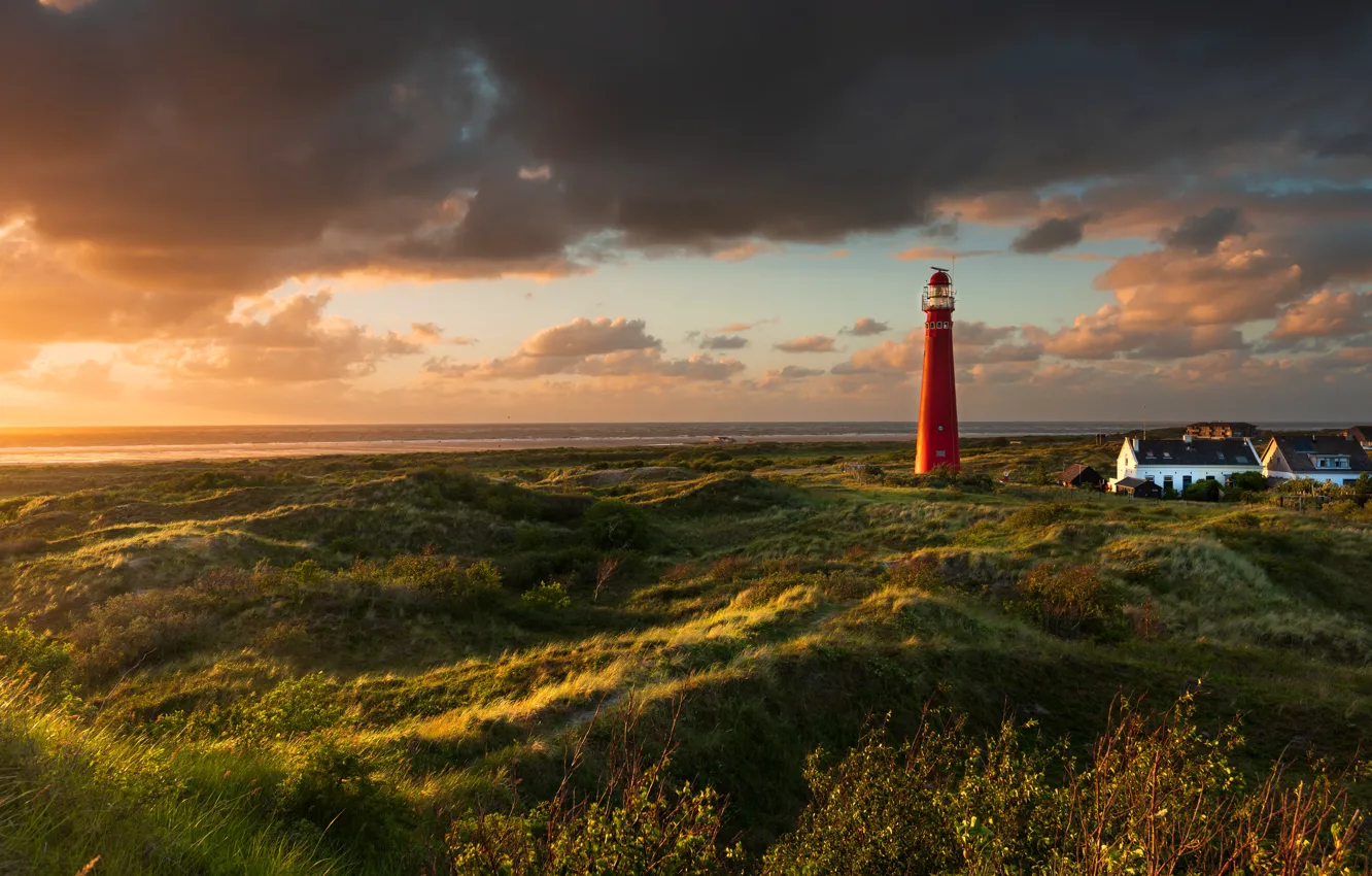 Photo wallpaper landscape, sunset, nature, lighthouse, island, home, Netherlands, Schiermonnikoog