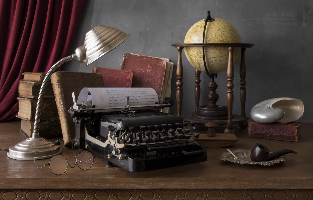 Photo wallpaper books, lamp, tube, shell, glasses, typewriter, still life, globe