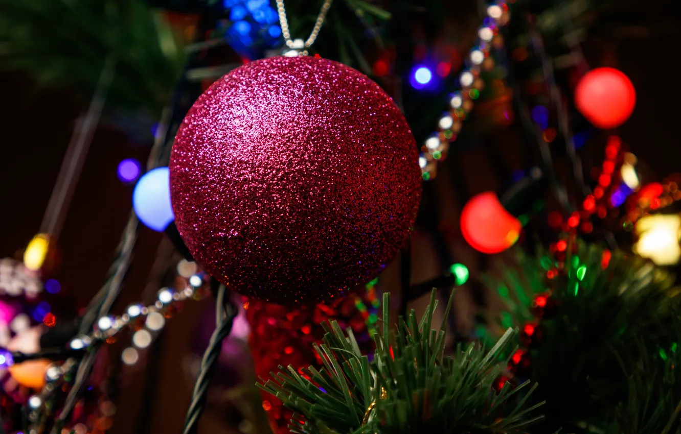 Photo wallpaper holiday, toys, tree, ball, bokeh