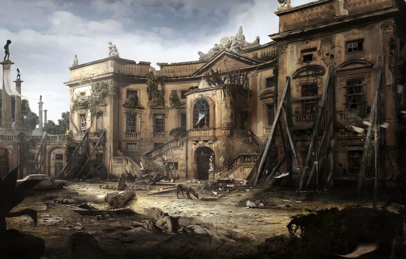 Photo wallpaper dog, destruction, mansion, ruins, valguarnera
