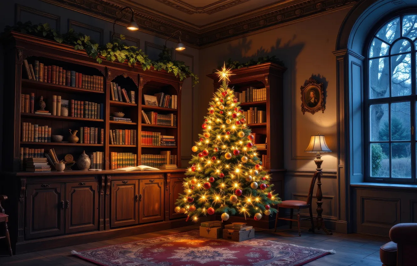 Photo wallpaper balls, light, table, room, wall, carpet, furniture, new year